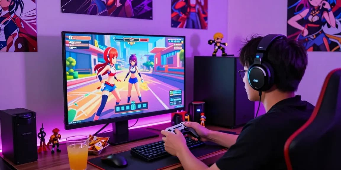 Gamer enjoying an android hentai game in a vibrant gaming setup with colorful graphics.