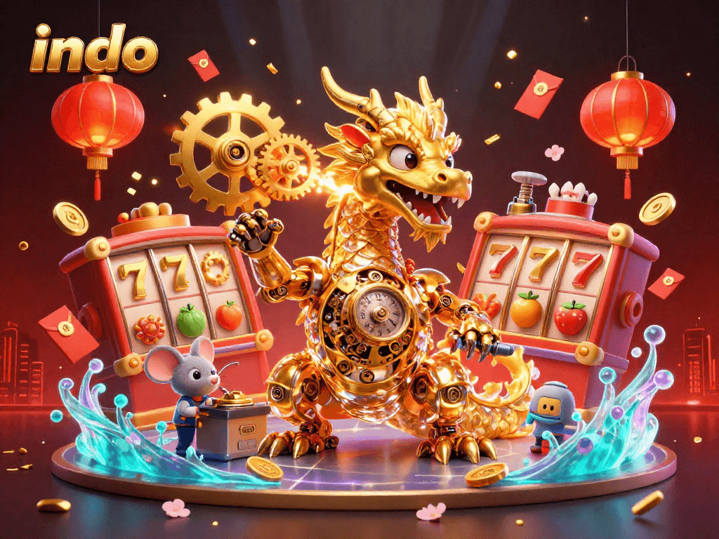 Play indo casino games with an interactive illustration of a dragon and vibrant slot features.