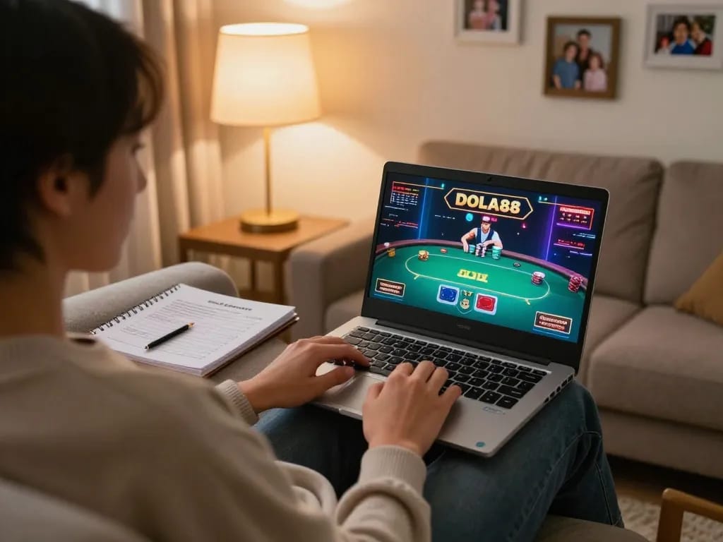 Engage with online poker gameplay at https://dola88vn.com/ in a cozy home setting.