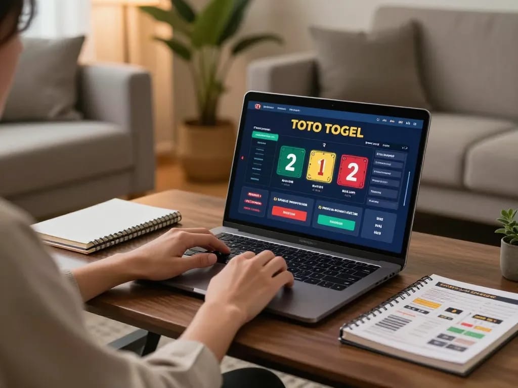 Berinteraksi dengan toto togel di laptop di rumah modern yang nyaman, menampilkan permainan daring yang strategis.