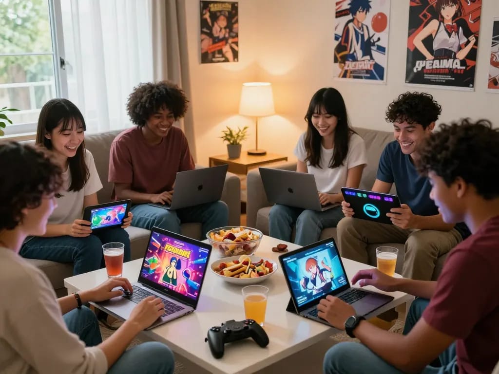 Friends enjoying a lively gaming session with sex games and adult visual novels in a cozy living room.