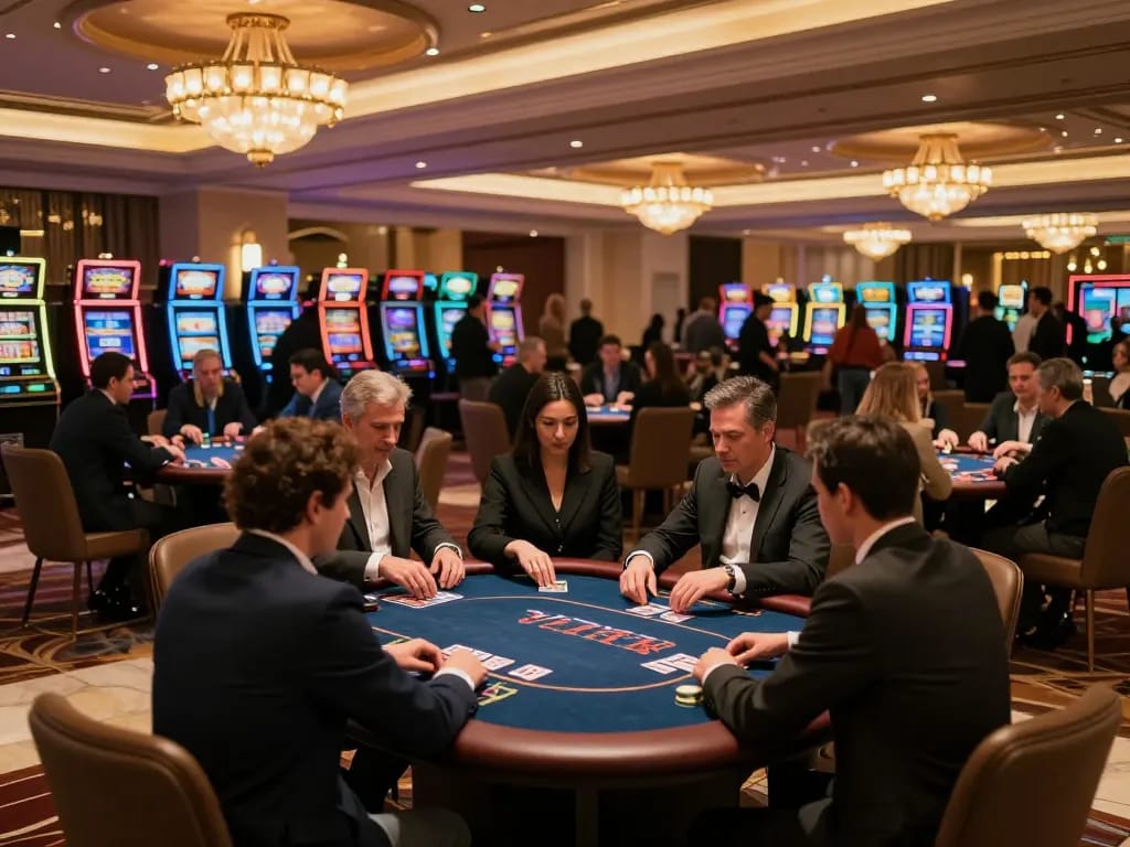 Players participating in a high-stakes poker game at VN789 casino, showcasing intense strategy and luxury atmosphere