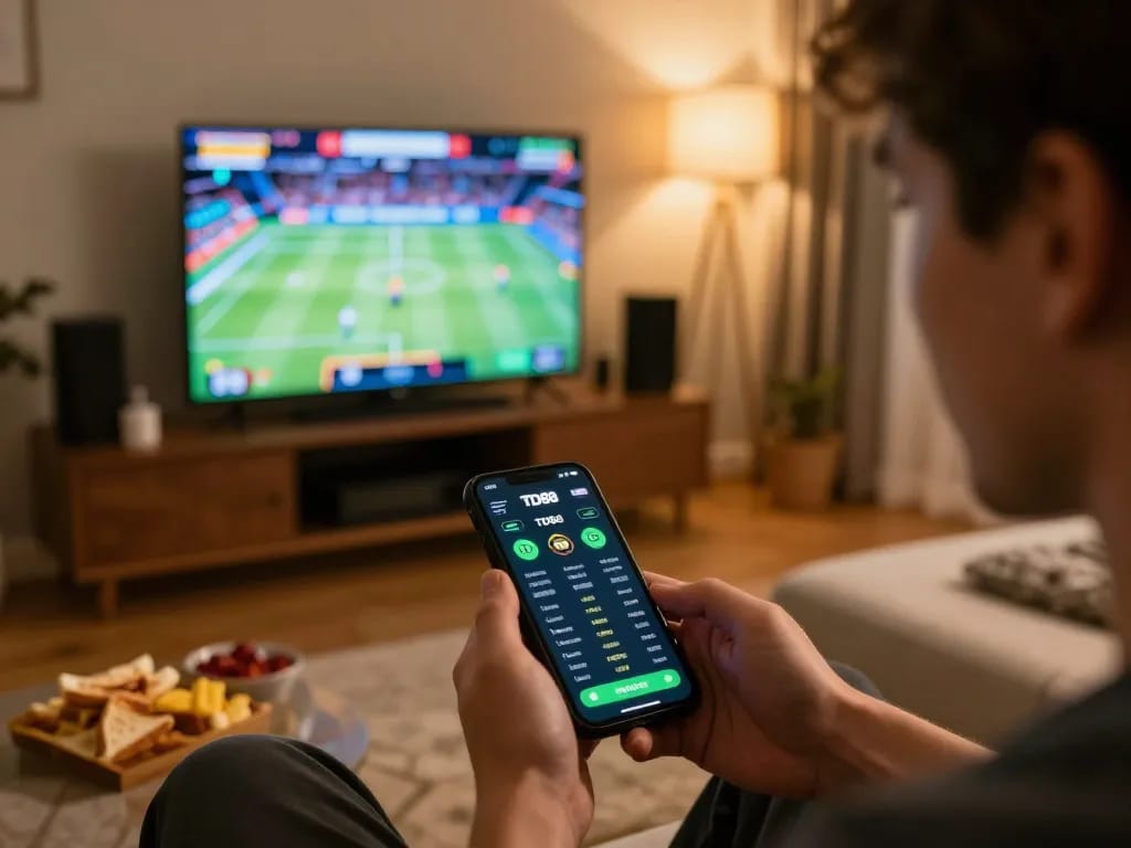 Person using TD88 betting app on smartphone, engaged in mobile sports betting