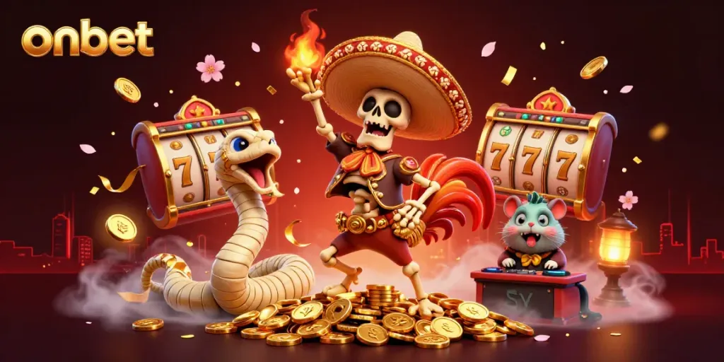Experience thrilling gameplay with onbet's vibrant 3D illustration featuring lucky symbols and animated characters.