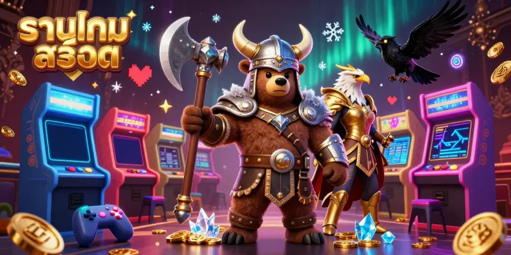 Engage with รวมเกมสล็อต through vibrant 3D illustrations depicting a Viking bear and Valkyrie in a rich casino scene.