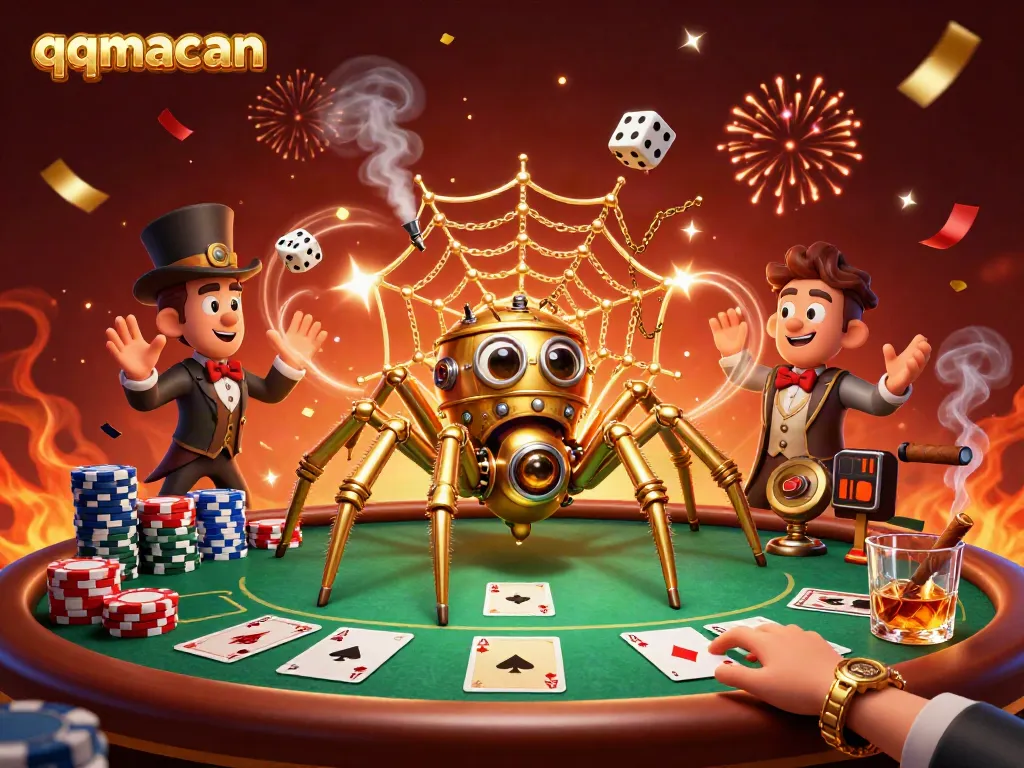 Engage with qqmacan's unique steampunk-themed casino scene, showcasing poker elements and vibrant details.
