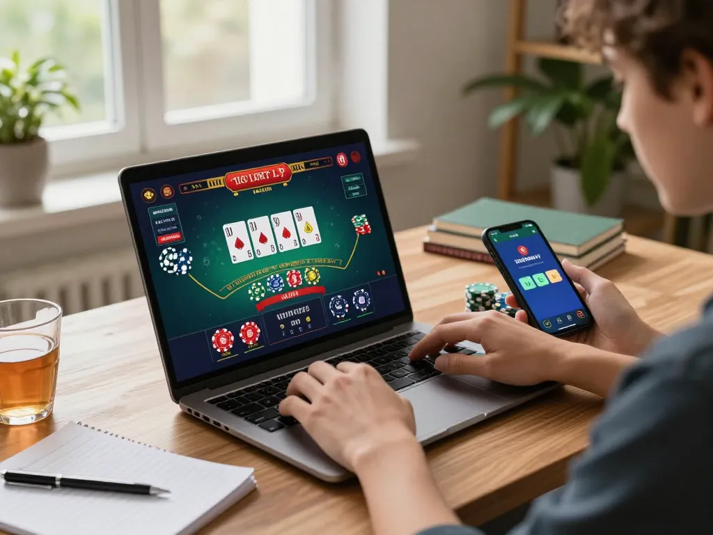 Engaging online gaming session featuring link gacor on a laptop at a stylish home desk with cards visible.