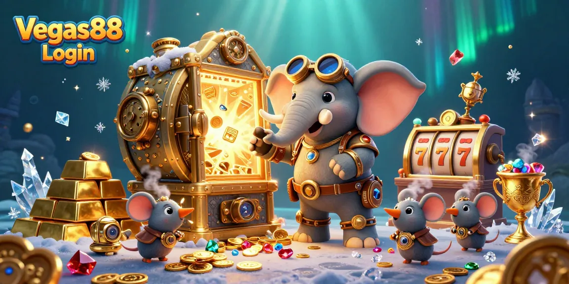 Engage in the thrilling Vegas88 Login experience with animated casino characters amidst dazzling slot elements.