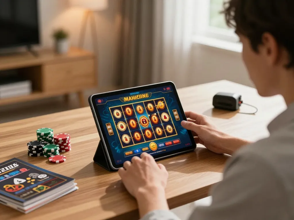 Engaging gameplay on situs slot mahjong showcased through vibrant online slot reels illuminating a cozy home gaming area.