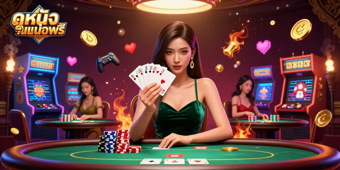 Increase your experience with ดูหนังออนไลน์ฟรี at this dynamic casino scene featuring a beautiful poker player.