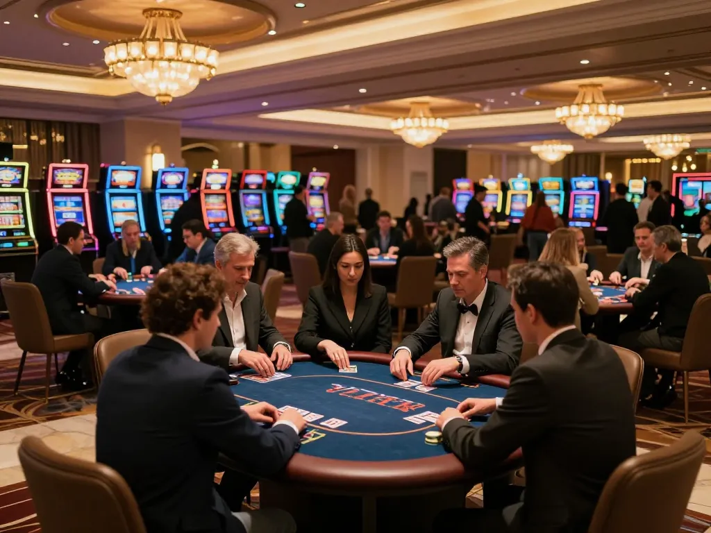 Players participating in a high-stakes poker game at VN789 casino, showcasing intense strategy and luxury atmosphere