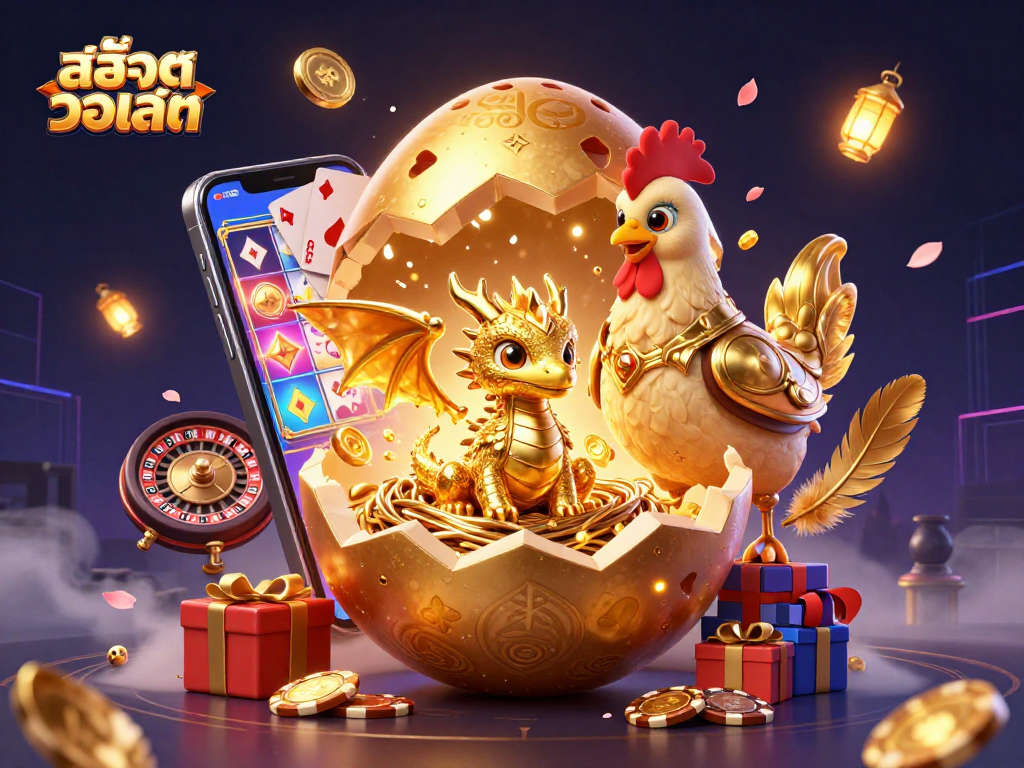 Play สล็อตวอเลท as a stunning 3D illustration showcasing casino elements and characters bursting with energy.