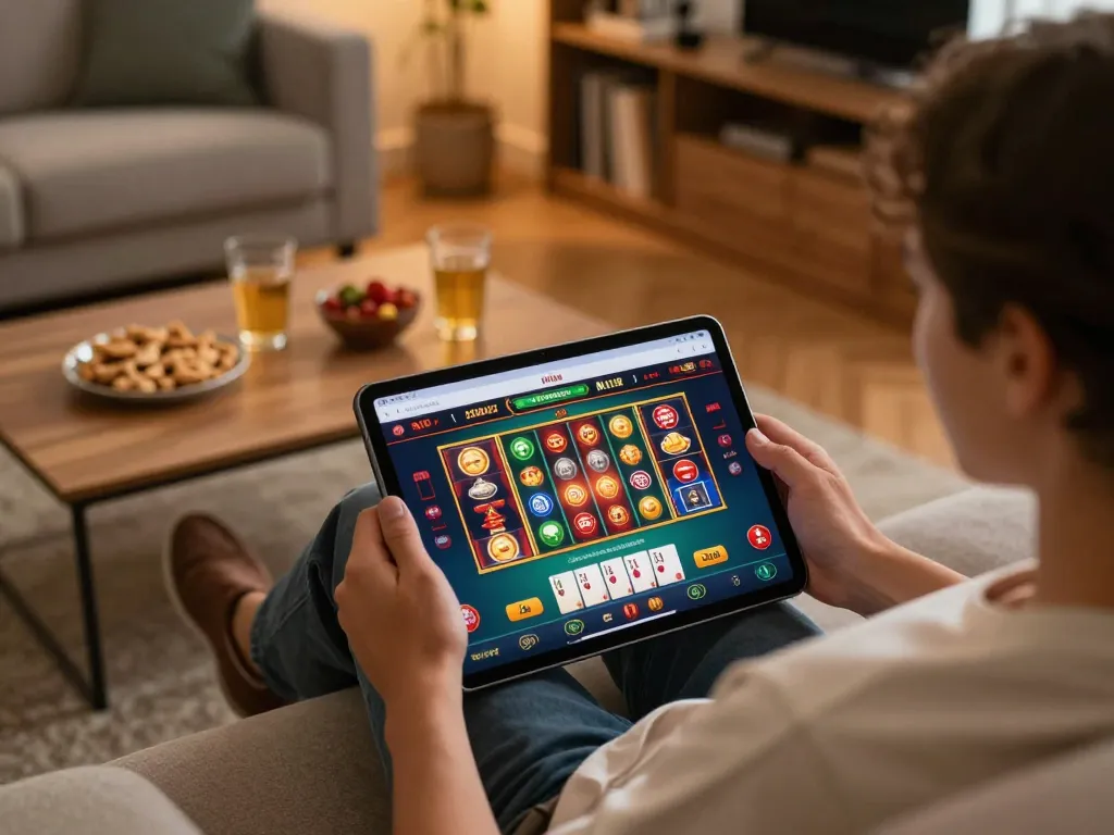 Person enjoying god55 online casino gaming on a tablet with a cozy home setup