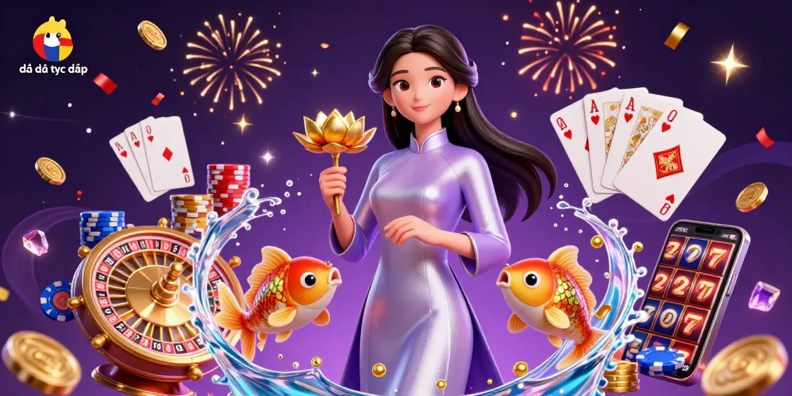 Engage with đá gà trực tiếp in this vibrant scene featuring an Asian woman in ao dai, golden koi, and casino elements.