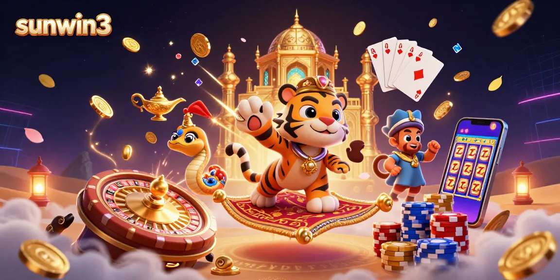 Experience the excitement of sunwin3 with a golden jackpot and vibrant gambling elements in a fun 3D scene.