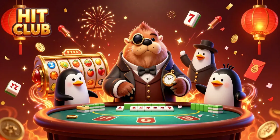 Experience the HIT CLUB atmosphere with thrilling poker action featuring a lively walrus and dealer in a vibrant casino.