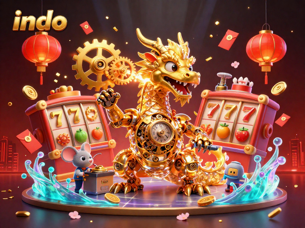 Play indo casino games with an interactive illustration of a dragon and vibrant slot features.