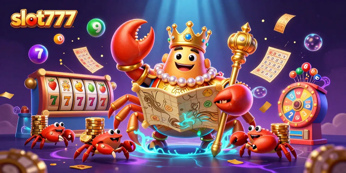 Engage in exciting slot777 gameplay with vibrant characters, slot reels, and lottery elements.