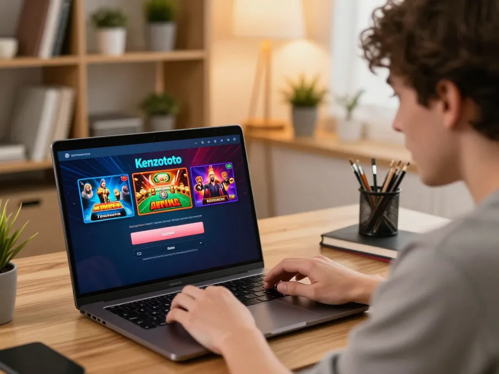 Berinteraksi dengan layar login Kenzototo dalam pengaturan permainan di rumah yang nyaman.