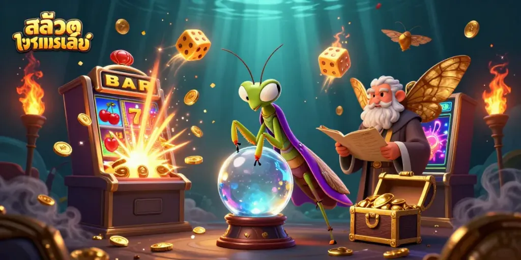 เล่นสล็อตทดลองเล่นในภาพการ์ตูน 3D ที่จัดเต็มพร้อมเครื่องสล็อตและลูกเต๋า