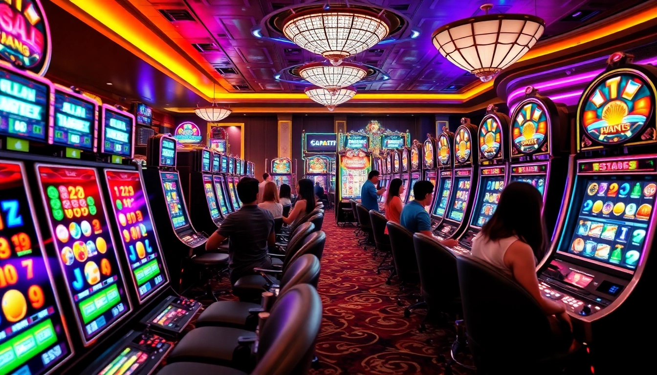 Engaging gamblers playing vibrant slot gacor machines in a luxurious casino setting.