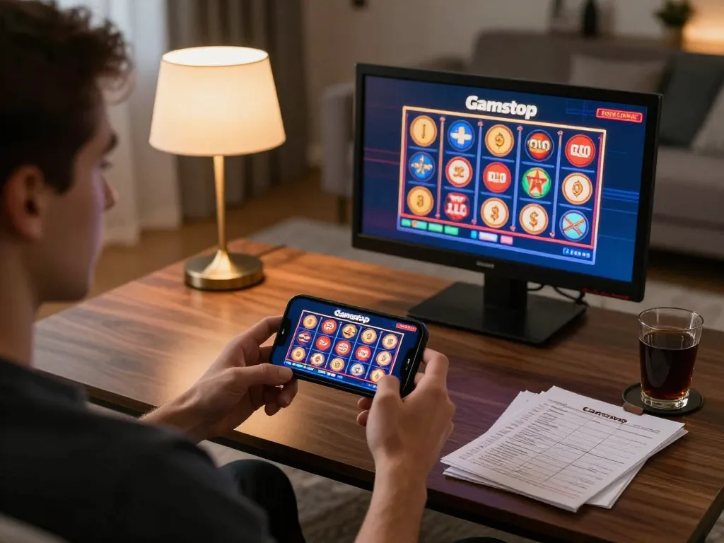 Engaged player enjoying slots not on Gamstop in a cozy online gaming setup