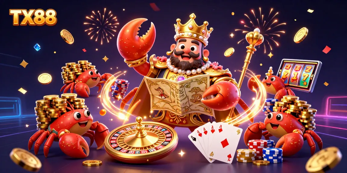 Engage in dynamic casino action with TX88 as golden crab emperor leads the fun amidst vibrant gaming elements.