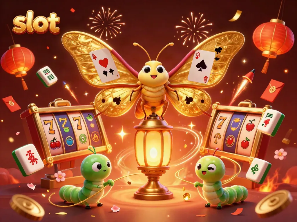 Slot yang menarik dengan kupu-kupu 3D dan elemen kasino lainnya di sekitar.