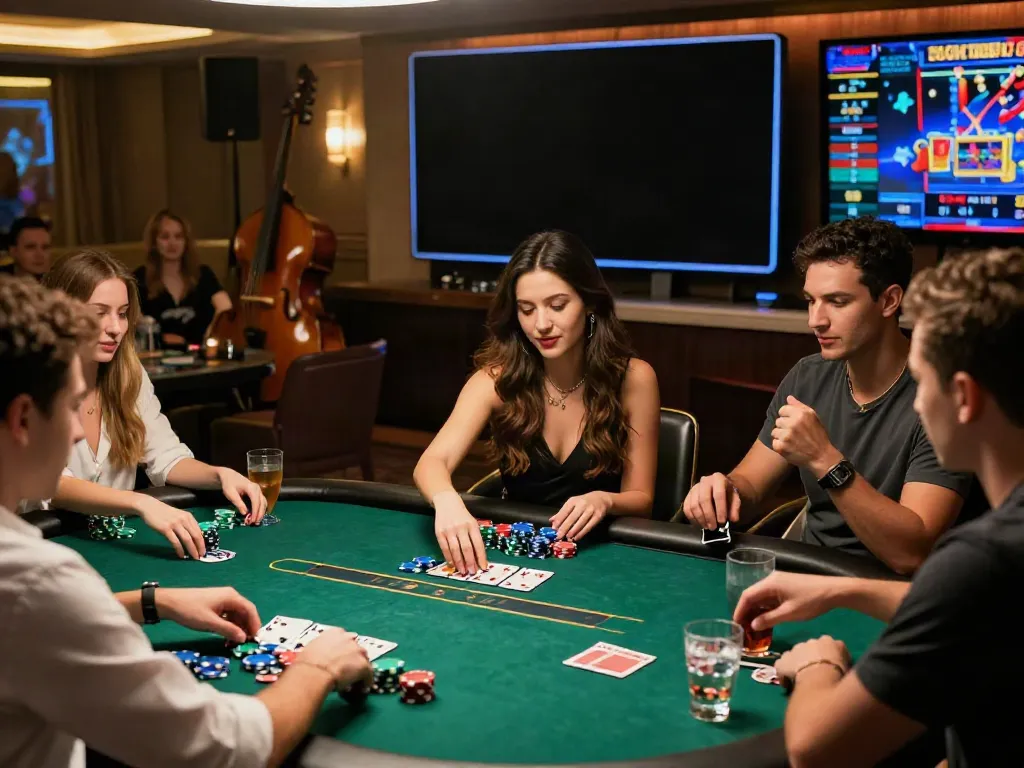 Friends enjoying online gambling at an elegant poker table, akunjp experience.