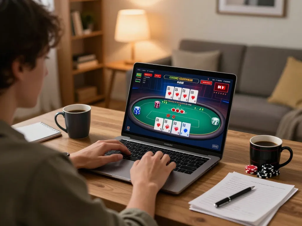 Engaging gameplay on 789win trang chu with poker interface on laptop, cozy home setup showcasing responsible gaming.