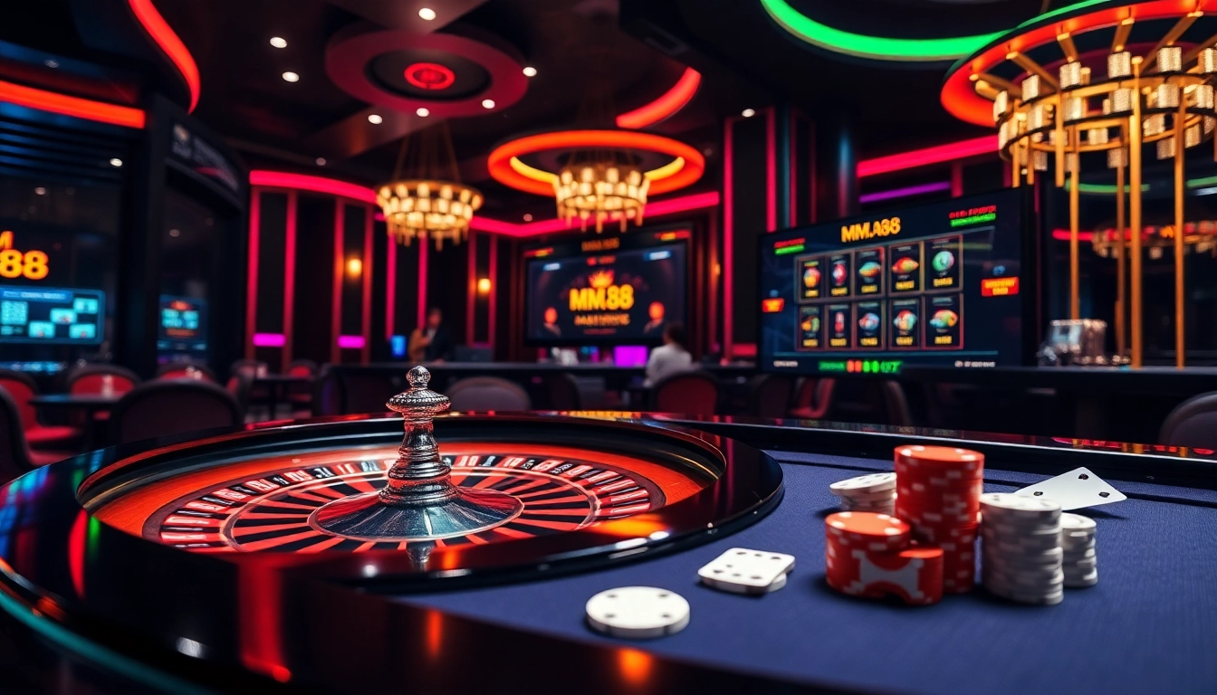 Experience the excitement of MM 88 with a luxurious casino atmosphere featuring roulette tables, poker chips, and vibrant gaming.