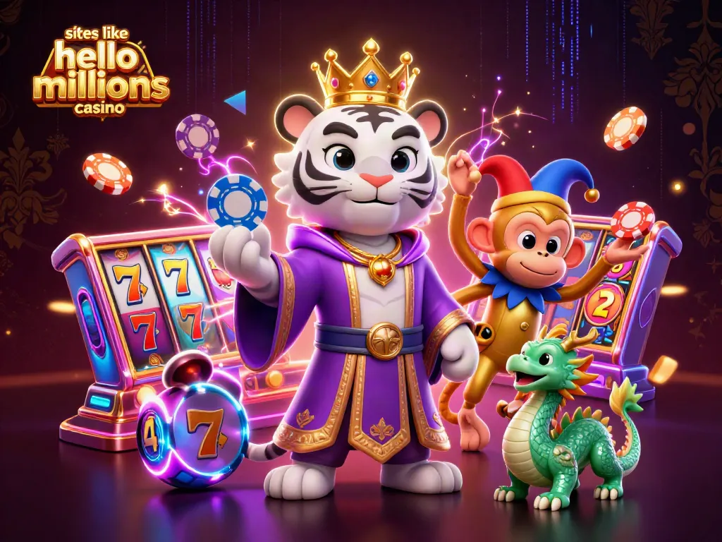 Enjoy thrilling gameplay at sites like hello millions casino with slot reels, poker chips, and vibrant 3D elements.