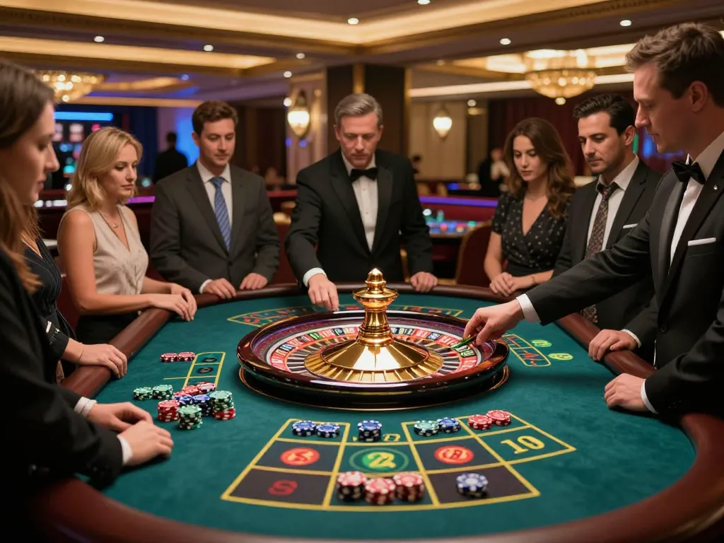Players placing bets at a luxurious casino roulette table, showcasing GO88's thrilling atmosphere
