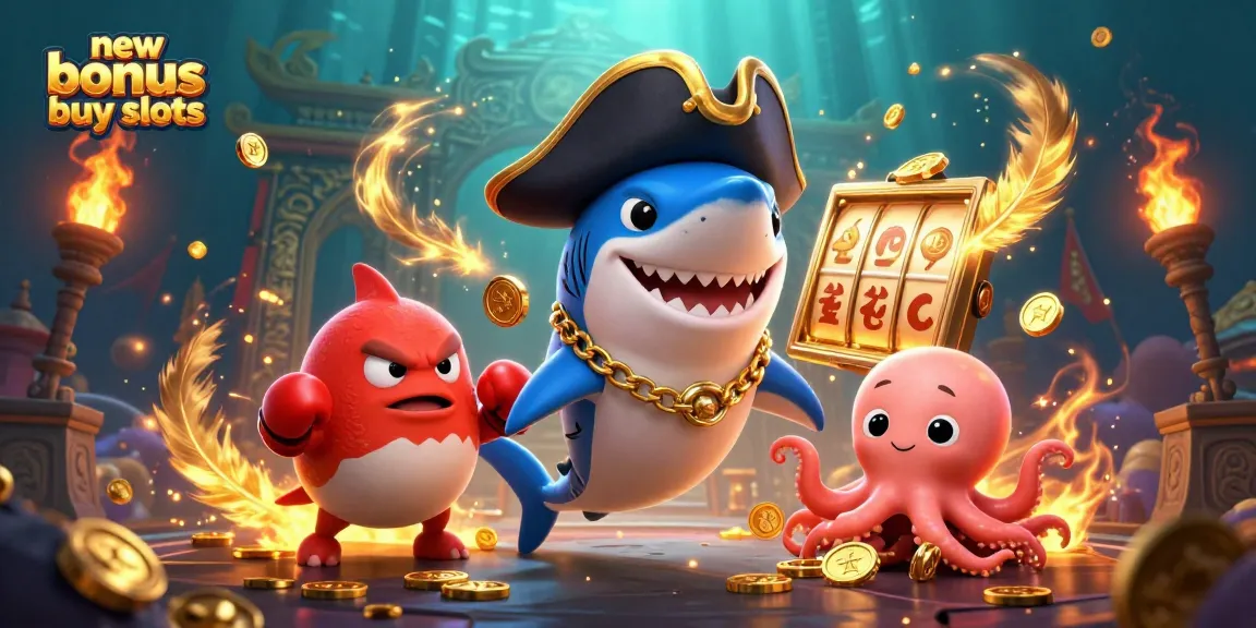 Engage with new bonus buy slots featuring a pirate shark, pufferfish, and octopus in a vibrant casino scene.