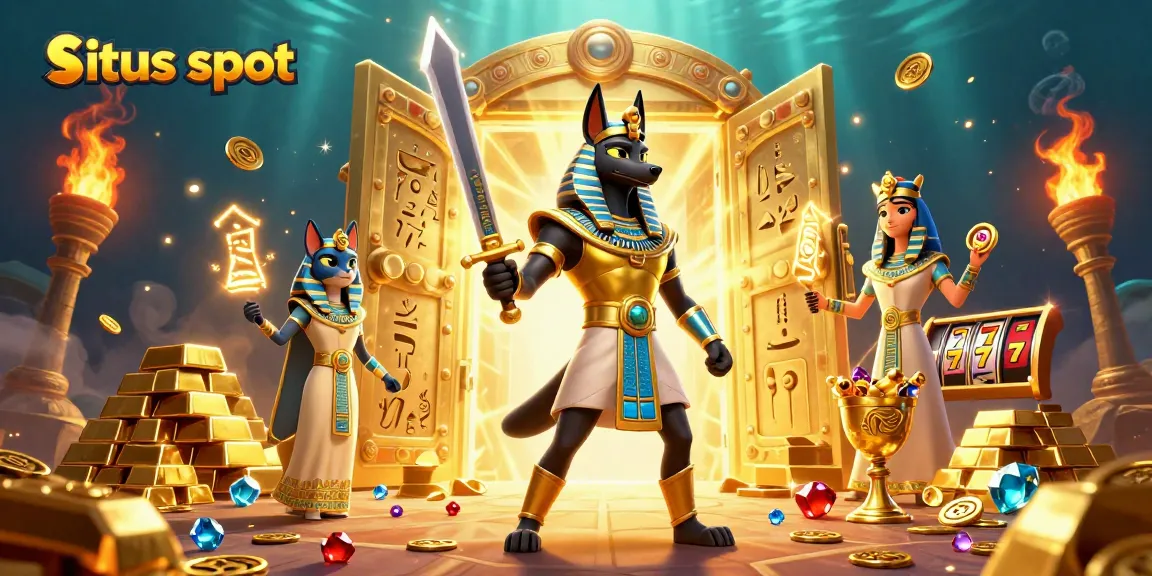 Situs slot menyajikan Anubis dan Bastet dikelilingi harta karun dan gulungan slot yang menarik.