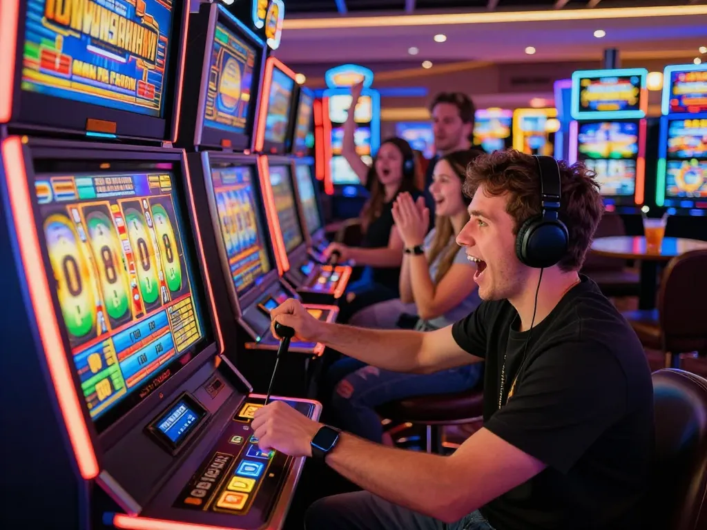 Engaged player at slot gacor hari ini machine in a vibrant casino, neon lights enhance the excitement.