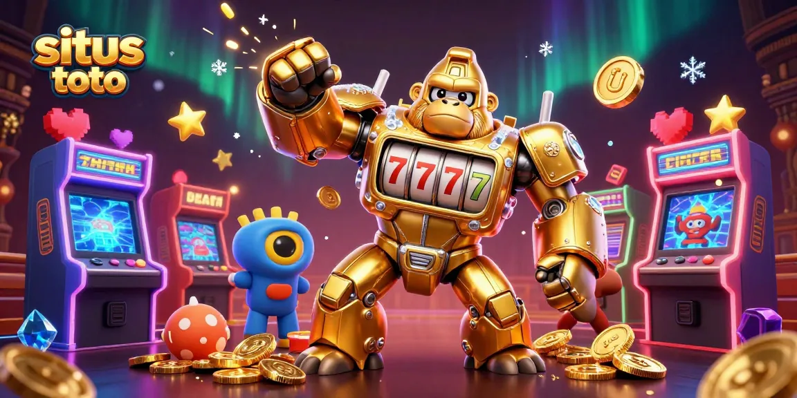 Engage with situs toto in this vibrant 3D illustration featuring a golden gorilla mech and dynamic gaming elements.
