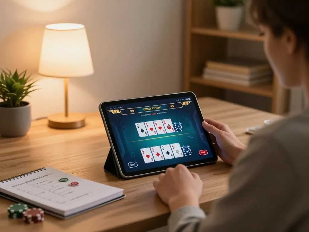 casinoatlas player enjoying online poker in a cozy home office with strategy notes