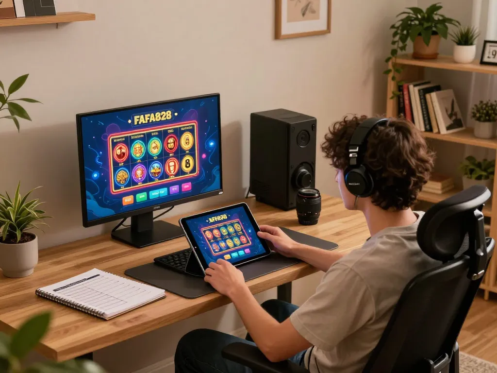 Player engaging with FAFA828 app on tablet in cozy gaming space, showcasing strategic gameplay