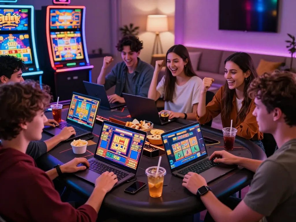 Sahabat menikmati permainan situs slot gacor bersama dengan grafis yang cerah dan camilan.