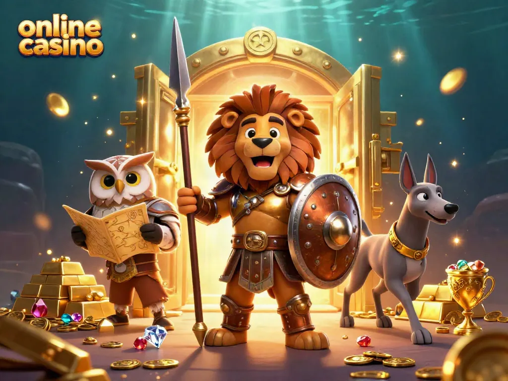 Experience the thrill of an online casino with heroic 3D characters amidst dazzling winnings.