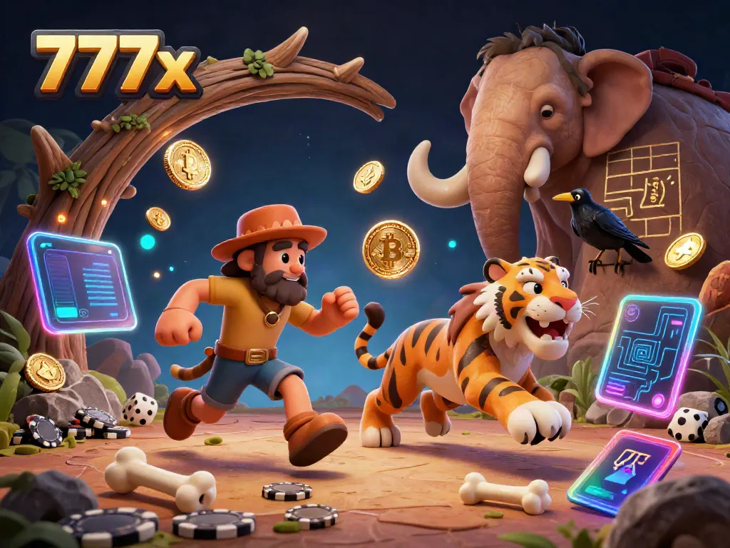 A dynamic scene of 777x features a caveman and sabertooth tiger in a prehistoric casino, showcasing vibrant crypto coins and gaming elements.