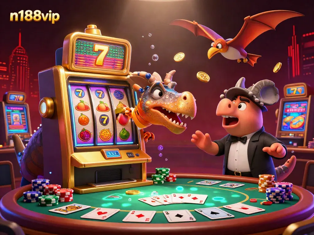 Engage with the vibrant n188vip casino featuring a pachycephalosaurus creating jackpot excitement amidst colorful poker chips.