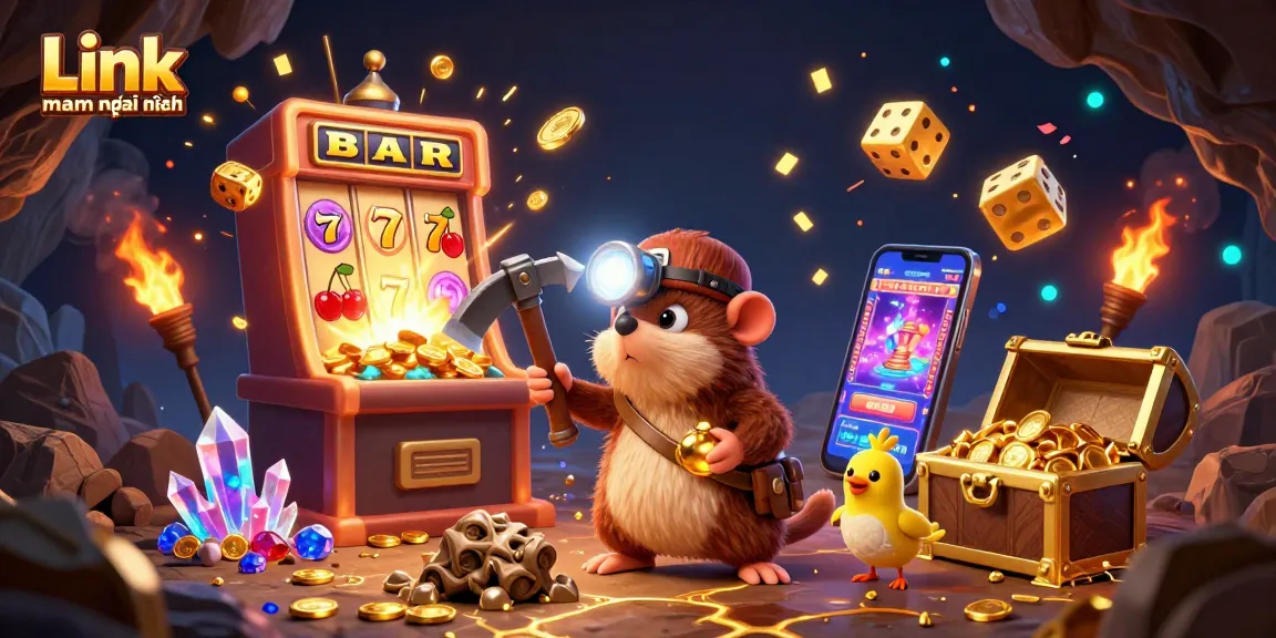 Mining gold and gems in a vibrant casino cave scene with a mole and canary, highlighting Link vmax mới nhất.