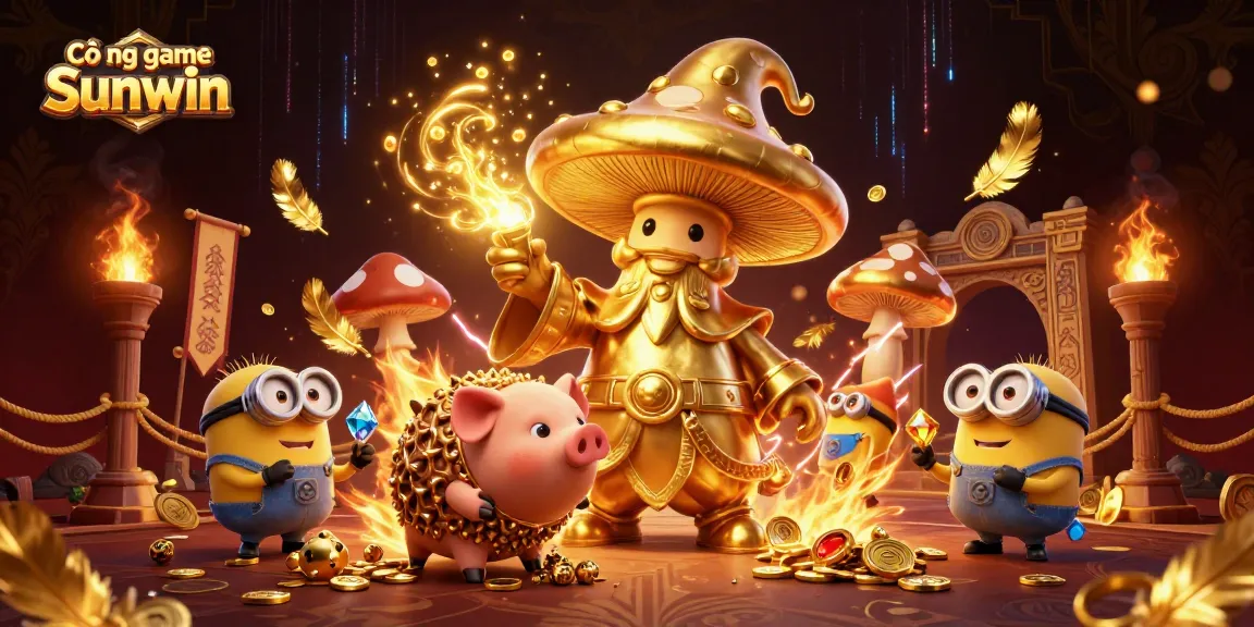 Cổng game Sunwin features an enchanting wizard turning treasures to gold with mystical companions in a vibrant casino scene.