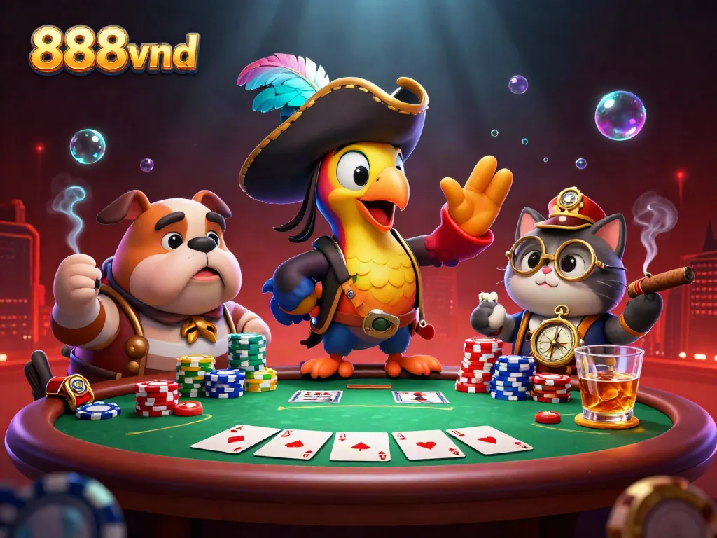 Experience the vibrant world of 888vnd with excited characters at a poker table, emphasizing thrilling gameplay.
