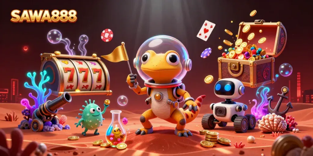 SAWA888 features an alien Martian gecko discovering a vibrant golden casino with game elements.