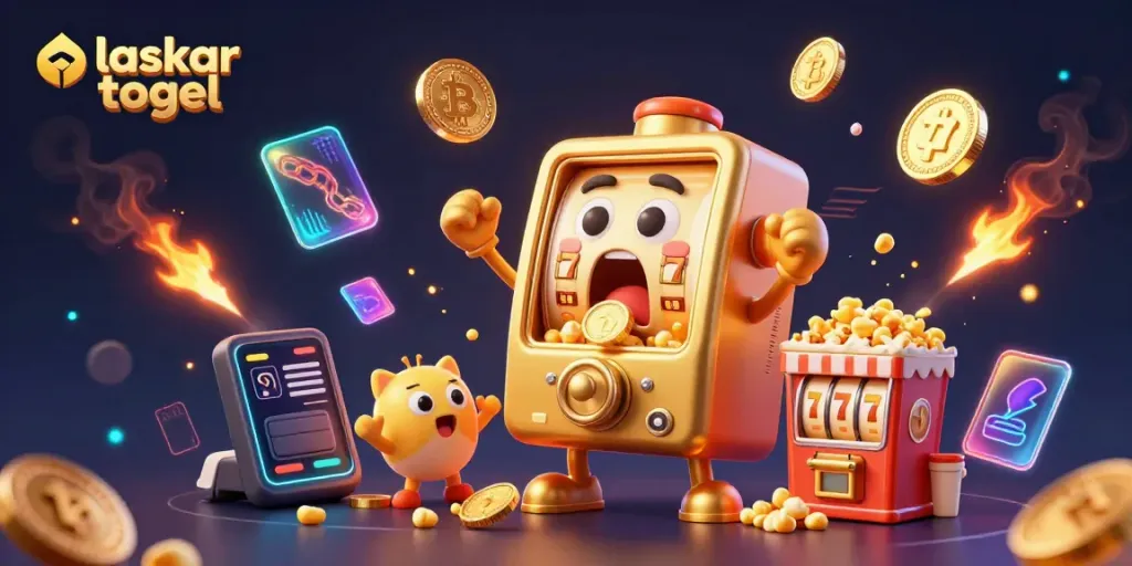Experience the excitement of laskar togel as a golden slot machine wins big, surrounded by cheering machines and digital currency symbols.
