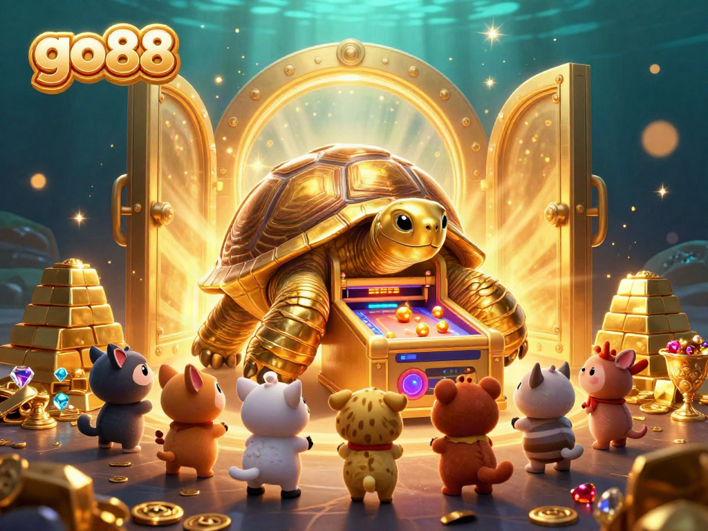 Experience excitement with go88's vibrant casino scene featuring a colossal tortoise pinball machine.