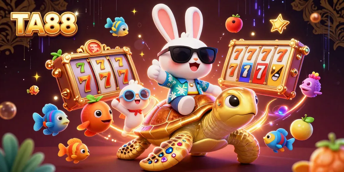 Join the fun with TA88 as a lucky rabbit rides a golden turtle amid vibrant slot symbols.